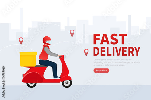 Fast delivery in flat style. Food delivery service. The courier rides a motorbike with the goods.