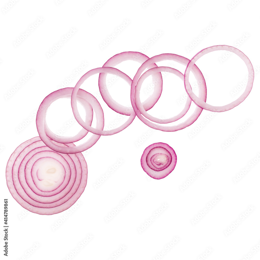  red onion slices isolated on white background. Top view. Flat lay. Red onion slice in air, without shadow.