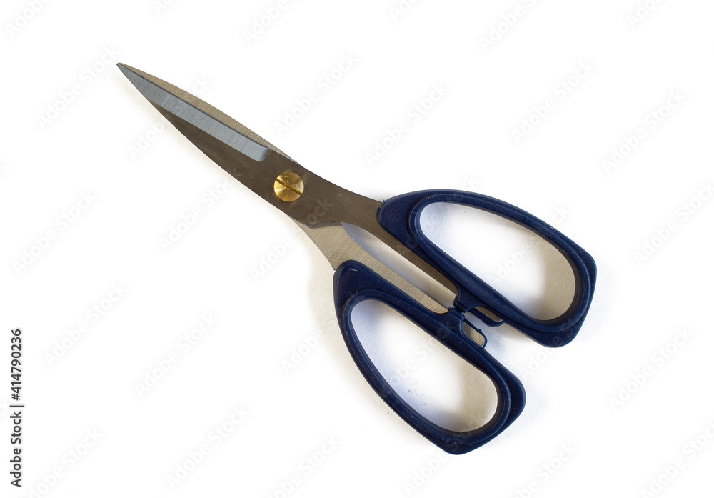 Scissors for fabric with blue handles, close-up, isolated on a white background Scissors for fabric with blue handles, close-up, isolated on a white background