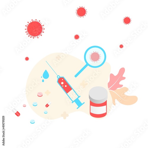Vaccination concept. Immunization campaign. COVID-19 Virus Vaccine shot. Health care and protection. Medicine and syringe with a vaccine bottle protection shield and virus. Medical treatment icons.