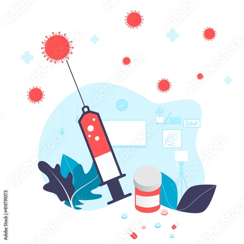 Vaccination concept. Immunization campaign. COVID-19 Virus Vaccine shot. Health care and protection. Medicine and syringe with a vaccine bottle protection shield and virus. Medical treatment icons.