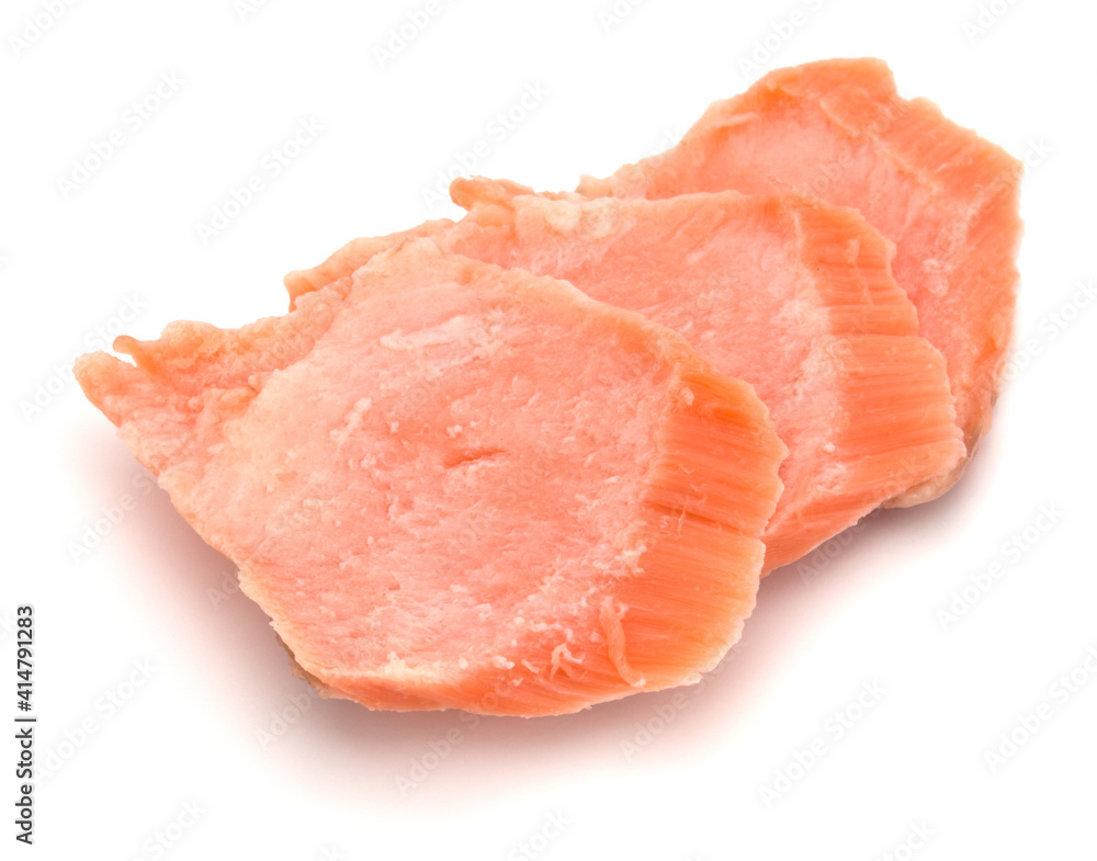 smoked salmon segments isolated on white background cutout. Prepared fish fillet fibres. smoked salmon segments isolated on white background cutout. Prepared fish fillet fibres.