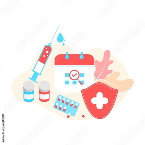 Vaccination concept. Immunization campaign. COVID-19 Virus Vaccine shot. Health care and protection. Medicine and syringe with a vaccine bottle protection shield and virus. Medical treatment icons.