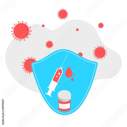 Vaccination concept. Immunization campaign. COVID-19 Virus Vaccine shot. Health care and protection. Medicine and syringe with a vaccine bottle protection shield and virus. Medical treatment icons.