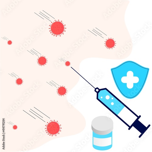 Vaccination concept. Immunization campaign. COVID-19 Virus Vaccine shot. Health care and protection. Medicine and syringe with a vaccine bottle protection shield and virus. Medical treatment icons.