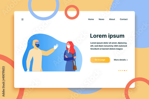 Person in protective costume waving to woman in mask. Respirator, coronavirus, protection flat vector illustration. Pandemic and prevention concept for banner, website design or landing web page
