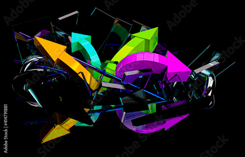 neon abstract with 3d reflective glass surfaces and arrows on black background