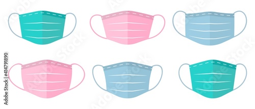 Set of medical or surgical face masks. Virus protection. Healthcare concept. Vector illustration isolated on white background.