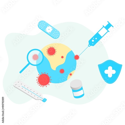 Vaccination concept. Immunization campaign. COVID-19 Virus Vaccine shot. Health care and protection. Medicine and syringe with a vaccine bottle protection shield and virus. Medical treatment icons.