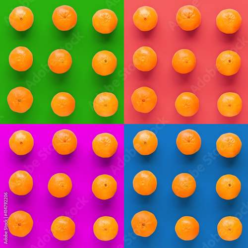 Fruit pattern of fresh orange tangerine or mandarin on colorful background. Flat lay, top view. Pop art design, creative summer concept. Citrus in minimal style. © Natika