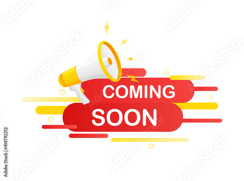Coming soon megaphone on white background for flyer design. Vector illustration in flat style.
