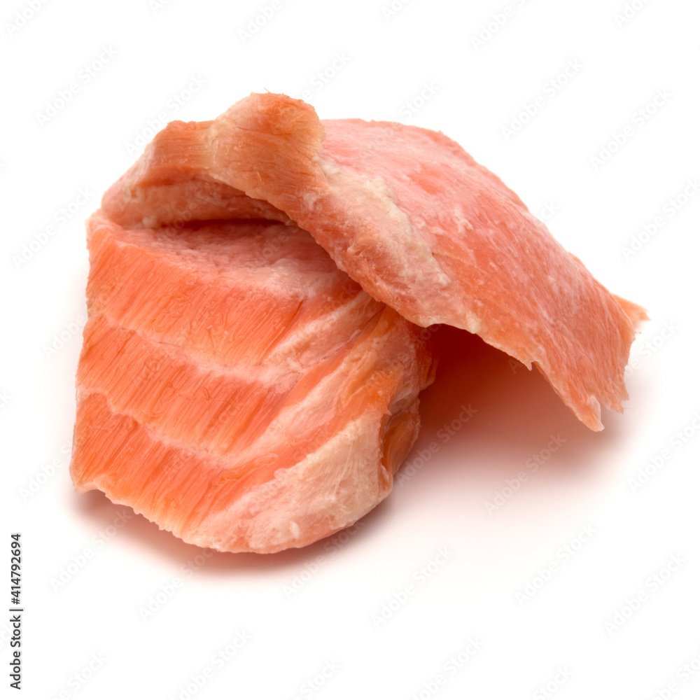 smoked salmon segments isolated on white background cutout. Prepared fish fillet fibres. smoked salmon segments isolated on white background cutout. Prepared fish fillet fibres.