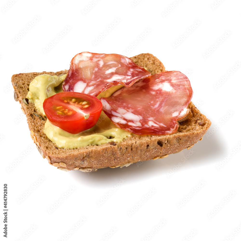 Canape with salami. Open faced sandwich crostini isolated on white background closeup. Appetizer tartarine. Canape with salami. Open faced sandwich crostini isolated on white background closeup. Appetizer tartarine.