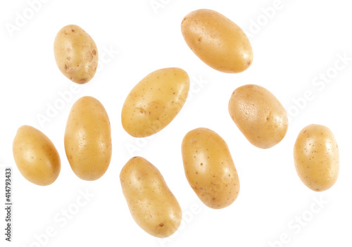 Potatoes isolated on white background. Top view. Flat lay pattern. Potatoes in air, without shadow.