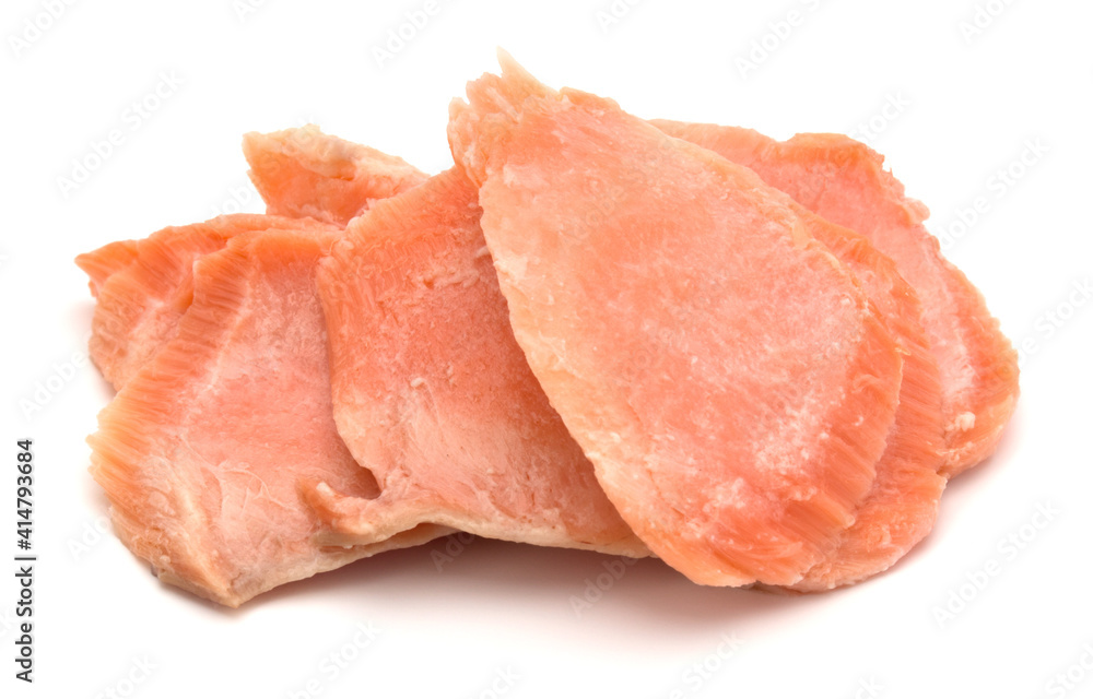 smoked salmon segments isolated on white background cutout. Prepared fish fillet fibres. smoked salmon segments isolated on white background cutout. Prepared fish fillet fibres.