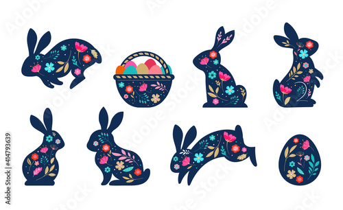 Happy Easter, decorated easter card, banner. Bunnies, Easter eggs, flowers and basket. Folk style patterned design. 