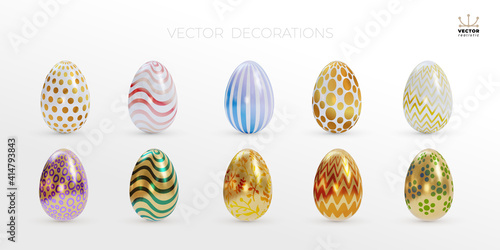 Set of easter eggs. Lined up with different colors and patterns. White and golden colored. Realistic design elements. Vector illustration. Isolated on white background.