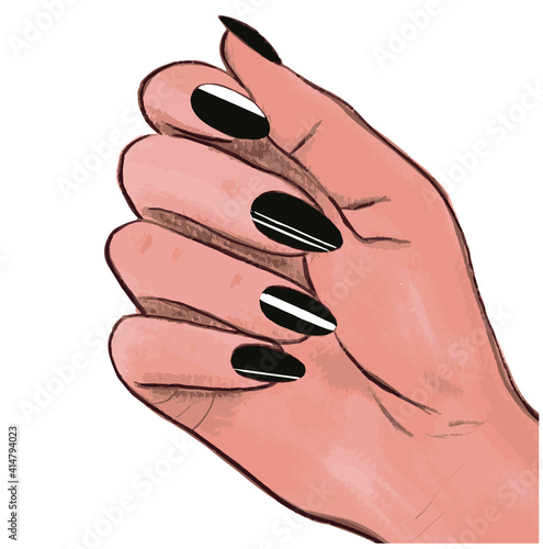 Female hand with beautiful manicure fashionable nail design. Black nail polish. Manicure symbol. Vector illustration.For cards, posters, stickers and professional design.