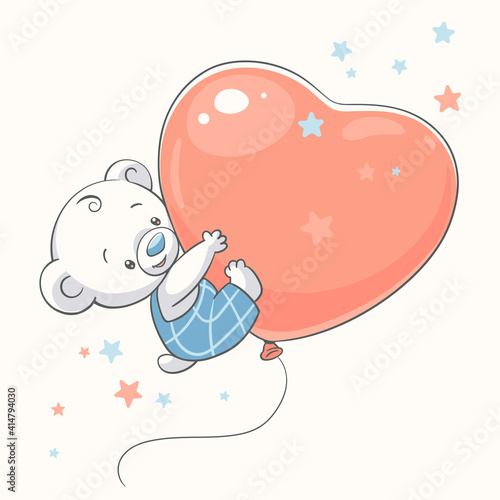 Cute baby bear floating with big balloon, vector illustration.