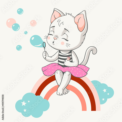 Vector illustration of a cute cat sitting on a rainbow and blowing soap bubbles.