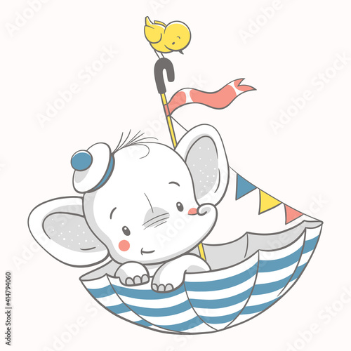 Vector illustration of a cute baby elephant sailor in a striped umbrella.