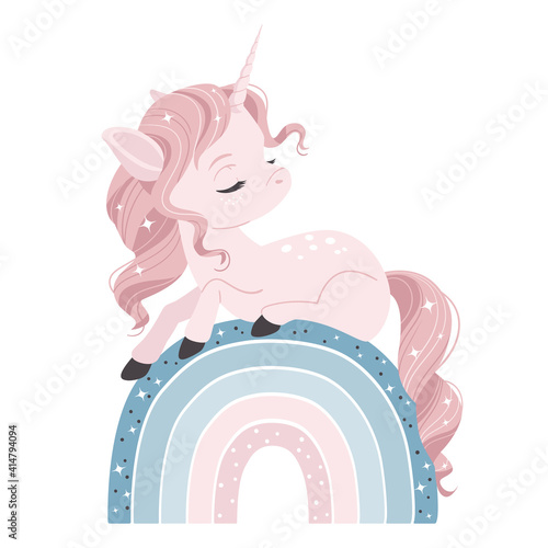 Vector illustration of a cute magic unicorn, sitting on the rainbow.