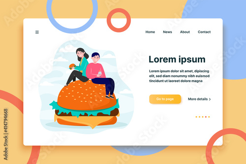Tiny people sitting on big burger and eating. Friend, meal, junk flat vector illustration. Nutrition and fast food concept for banner, website design or landing web page