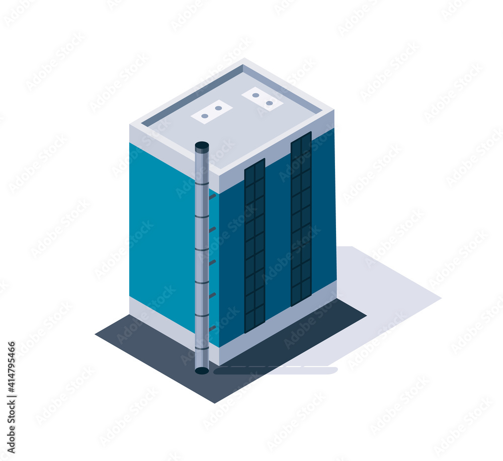 Factory isometric. Industrial bulding. 3d isolated icon. Concept of industrial working plant with chimney tower Factory isometric. Industrial bulding. 3d isolated icon. Concept of industrial working plant with chimney tower