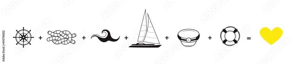 I love the yacht and the sea. Vector illustration. Icons.