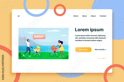 Two new moms walking together. Woman with strollers meeting and waving hello flat vector illustration. Motherhood, childcare, friendship concept for banner, website design or landing web page