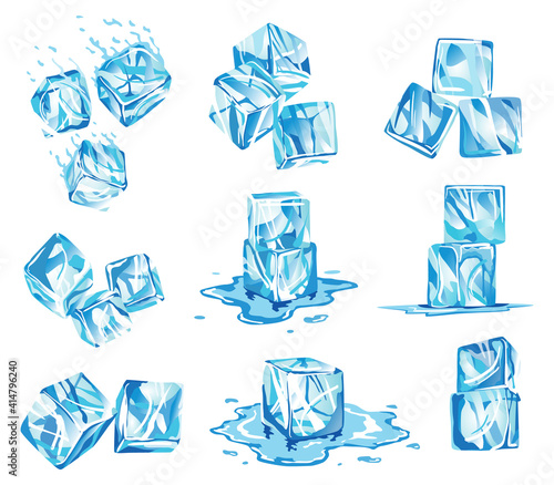 Collection of water ice cube icons. Frozen water particles. Set of translucent ice cubes in blue colors. Realistic blue solid water