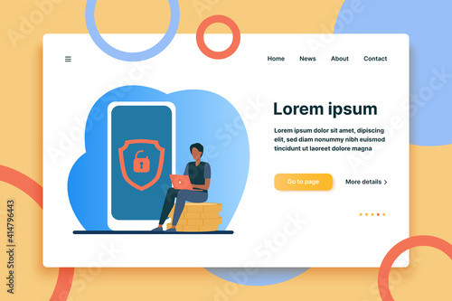 Tiny man investing money safely online. Coin, smartphone, padlock flat vector illustration. Security and digital technology concept for banner, website design or landing web page