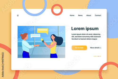 Reporter with microphone interviewing woman. Journalist, presenter, speaker flat vector illustration. Broadcasting, communication, tv concept for banner, website design or landing web page
