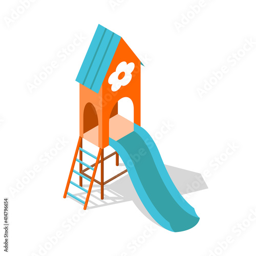 Isometric playground concept for outdoor family pastime. Playful kindergarten. Colored 3d isometric kids object or gaming complexes element