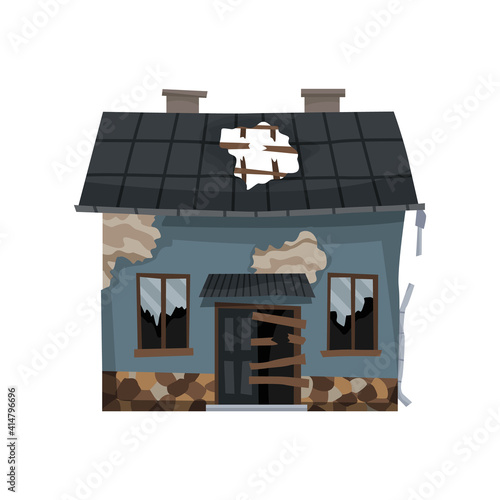 Old weathered house or dwelling. Abandoned home in bad condition. Bad old trouble building with damaged roof, shabby walls and exterior. Isolated neglected property
