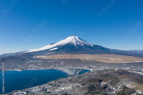 富士山 ドローン空撮 山中湖 雪景色