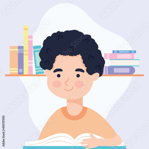 cartoon man reading a book over shelves with books, colorful design