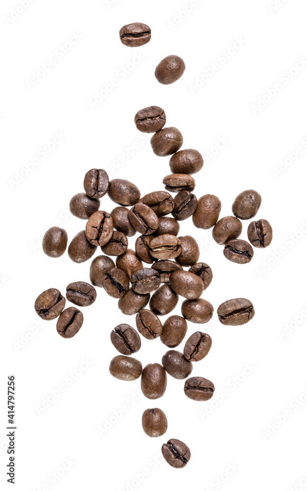 Coffee beans isolated on white background. Top view. Flat lay. Coffee beans flow in air, without shadow. Coffee beans isolated on white background. Top view. Flat lay. Coffee beans flow in air, without shadow.
