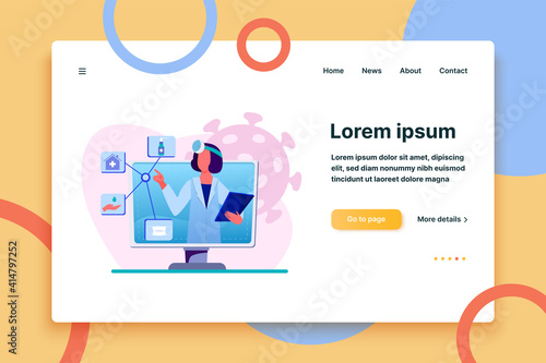 Physician giving recommendation for quarantine. Coronavirus, pandemic, mask flat vector illustration. Medicine and healthcare concept for banner, website design or landing web page