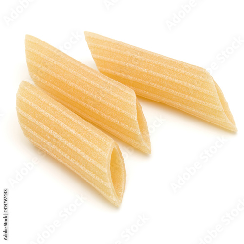 Italian pasta isolated on white background. Pennoni. Penne rigate.