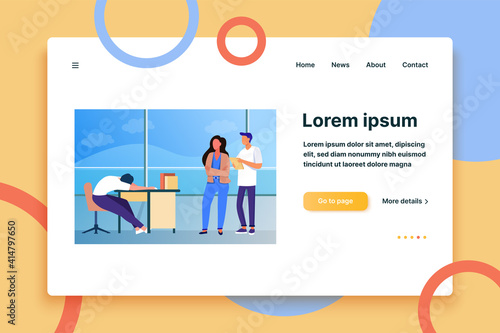 Two office workers looking at sleepy colleagues. Exhausted employee sleeping at workplace flat vector illustration. Lazy worker, burnout concept for banner, website design or landing web page