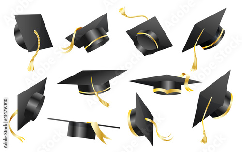 Graduation caps. Elements for degree ceremony and educational programs design. Graduation university or college black hats cover. Academic caps set. High school student caps on white background