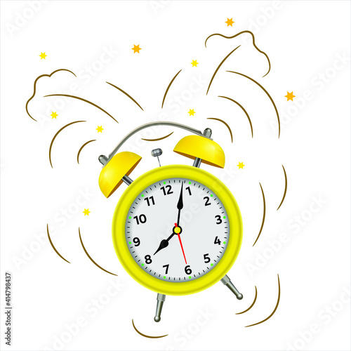  Alarm clock wake-up time morning isolated on white background. Yellow alarm clock set at one close-up. 3d illustration.  Vector illustration EPS 10