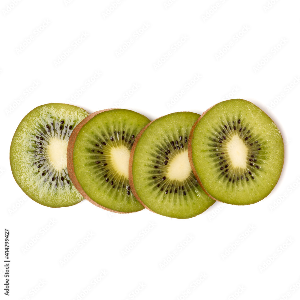 kiwi fruit slices isolated on white background closeup. Kiwifruit slices flatlay. Flat lay, top view. kiwi fruit slices isolated on white background closeup. Kiwifruit slices flatlay. Flat lay, top view.