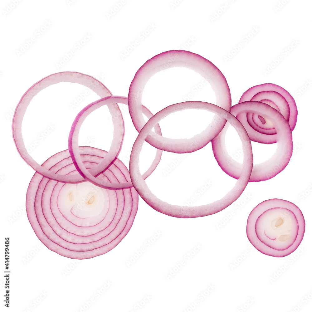 red onion slices isolated on white background. Top view. Flat lay. Red onion slice in air, without shadow. red onion slices isolated on white background. Top view. Flat lay. Red onion slice in air, without shadow.