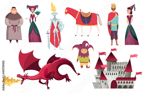 Medieval kingdom characters of middle ages historic period vector Illustrations. Peoples set. Kings queens knight jester castle fortress and dragon