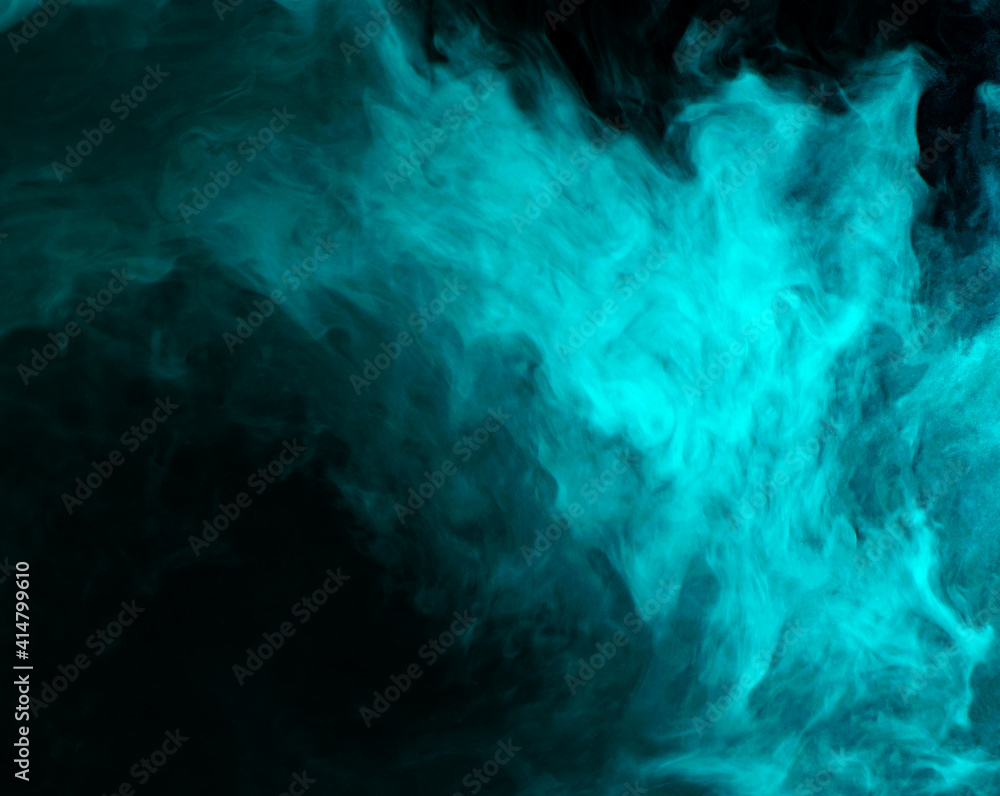Abstract background of chaotically mixing clouds of turquoise smoke on a background of darkness Abstract background of chaotically mixing clouds of turquoise smoke on a background of darkness