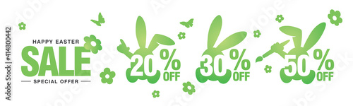 Happy Easter Sale special offer 20 30 50 percent off green bunny negative space discount numbers stickers white background