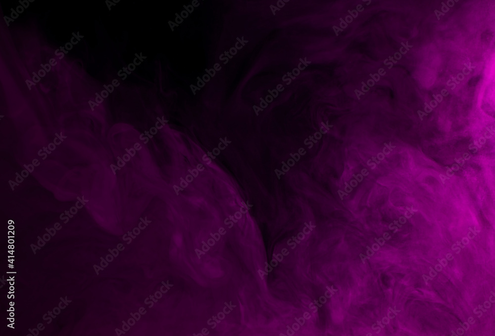 Abstract background of chaotically mixing puffs of purple smoke on a dark background