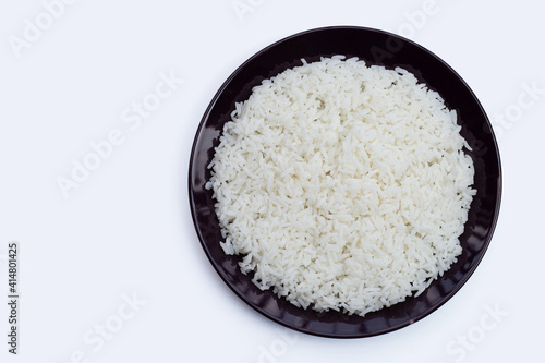 Dish of rice on white background.